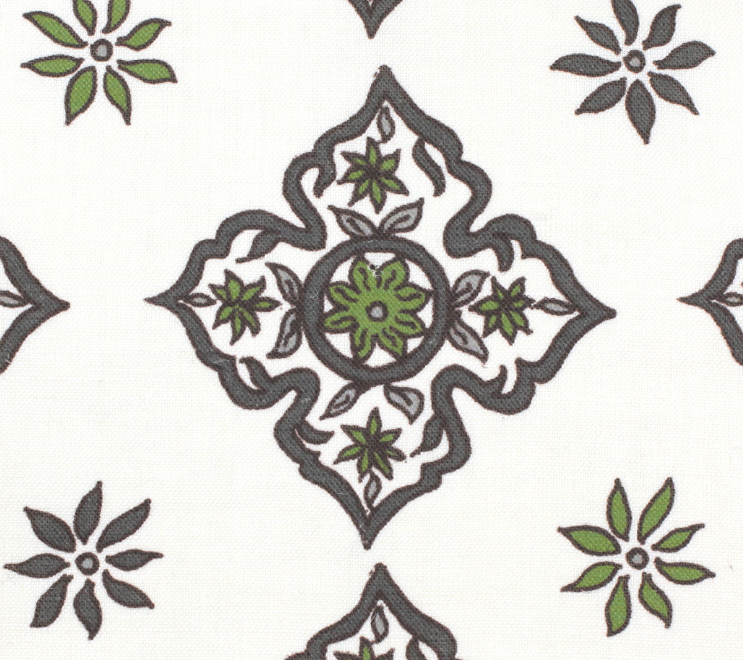 Detail of fabric in a diamond damask print in shades of green and gray on a white field.