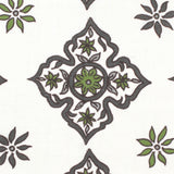 Detail of fabric in a diamond damask print in shades of green and gray on a white field.