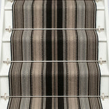 Striped flatweave runner in black white and grey on white staircase