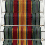 Striped flatweave runner in red yellow green and blue on white staircase