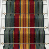 Striped flatweave runner in red yellow green and blue on white staircase