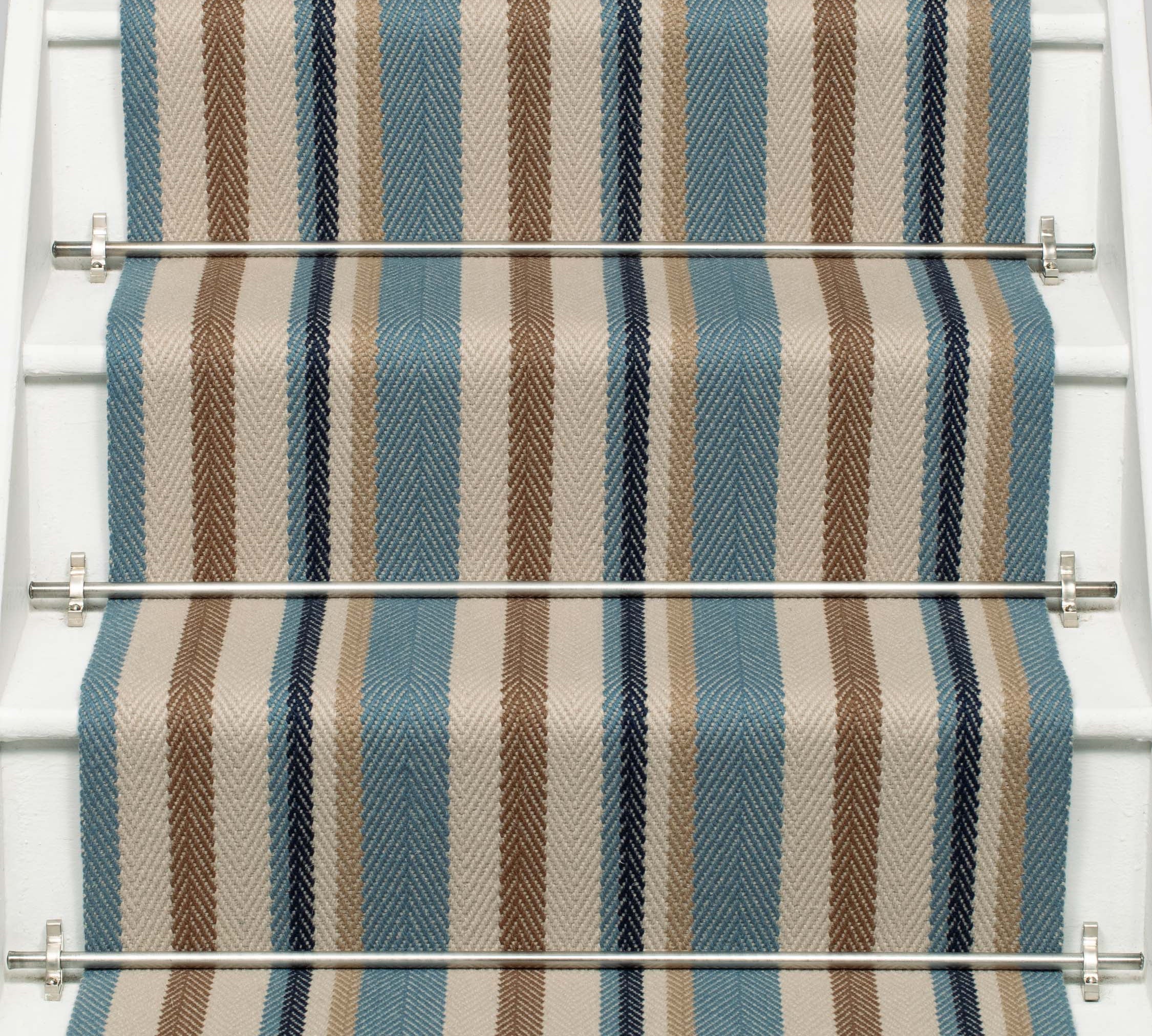 Striped flatweave runner in blue tan cream and black on white staircase