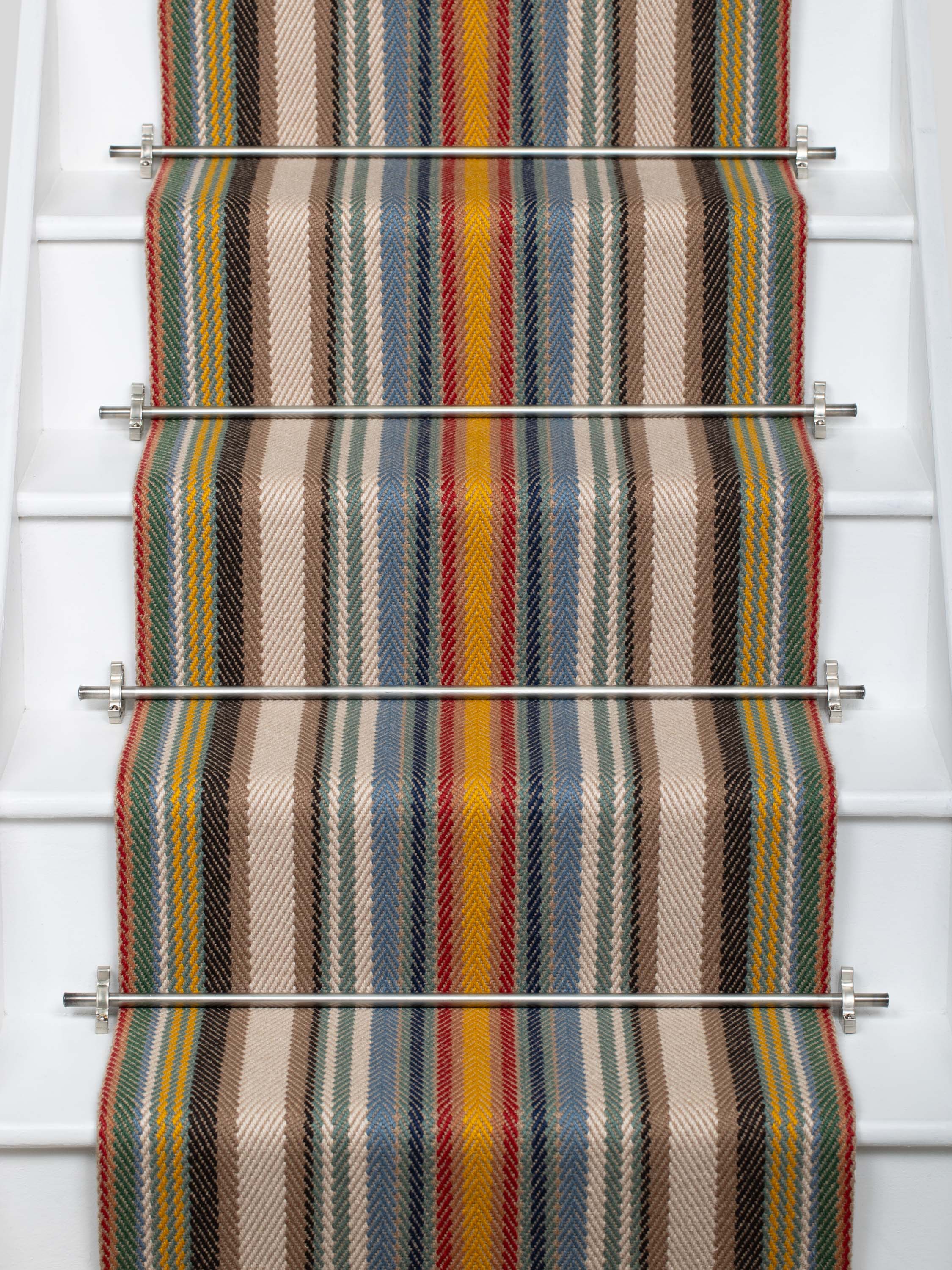 Striped flatweave runner in sage yellow red and blue on white staircase