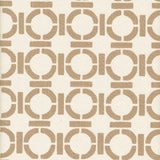 Detail of fabric in a round geometric grid print in light brown on a cream field.