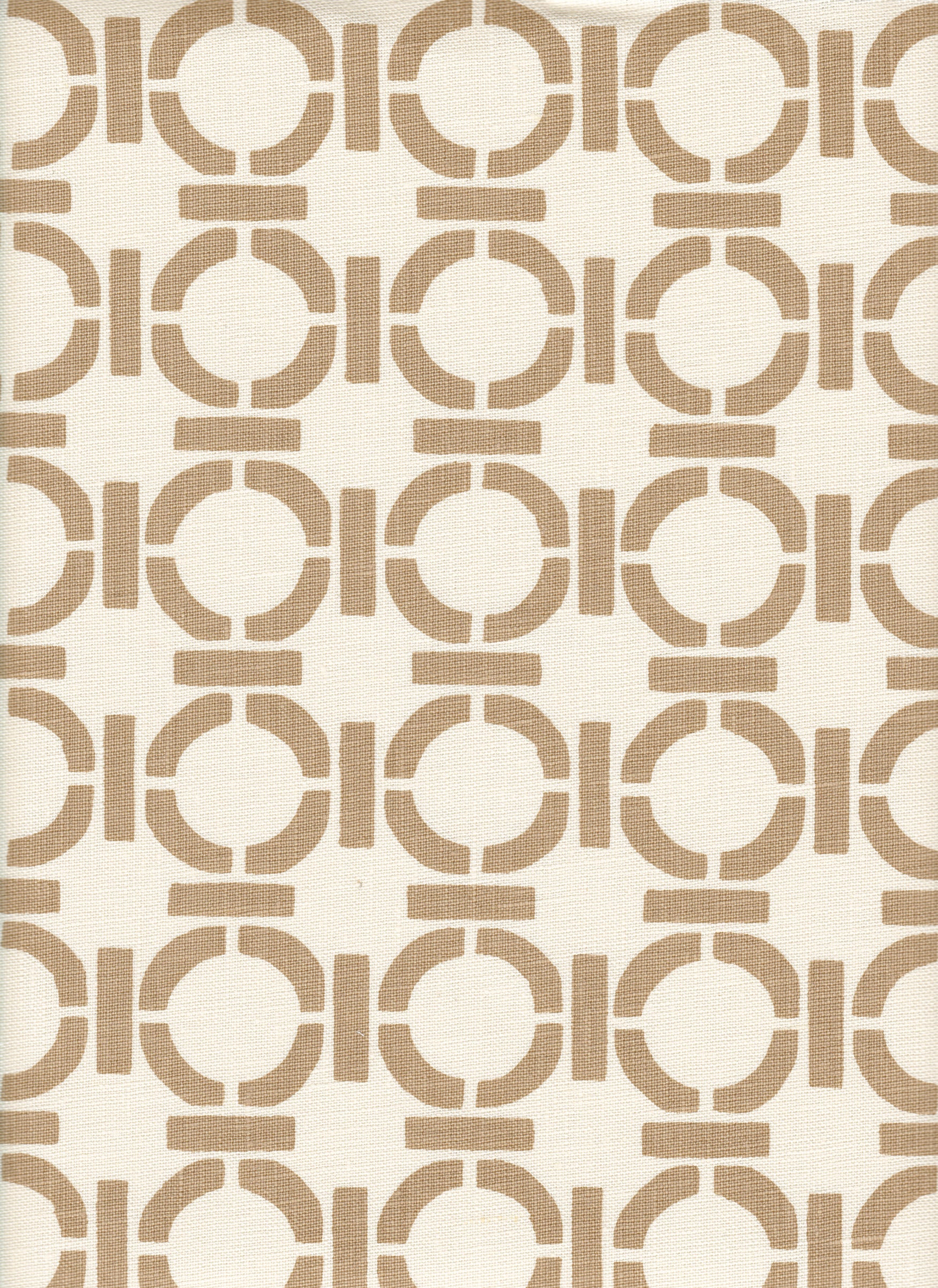 Detail of fabric in a round geometric grid print in light brown on a cream field.