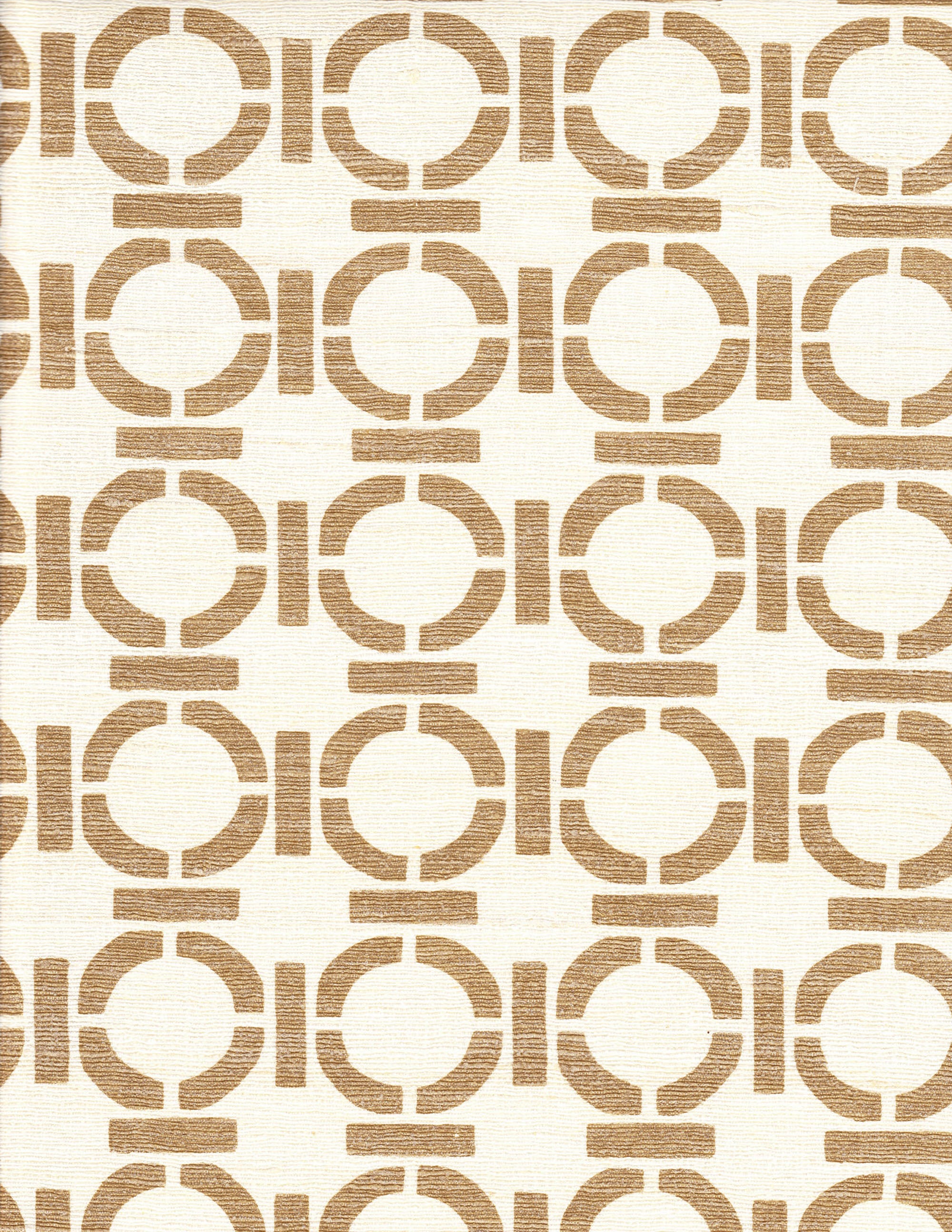 Detail of fabric in a round geometric grid print in light brown on a cream field.