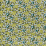 Printed linen fabric in a repeating china rose pattern in shades of yellow, blue and green on a gray field.