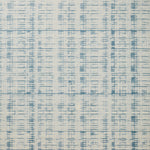 Detail of wallpaper in a textural stripe print in shades of blue on a cream field.