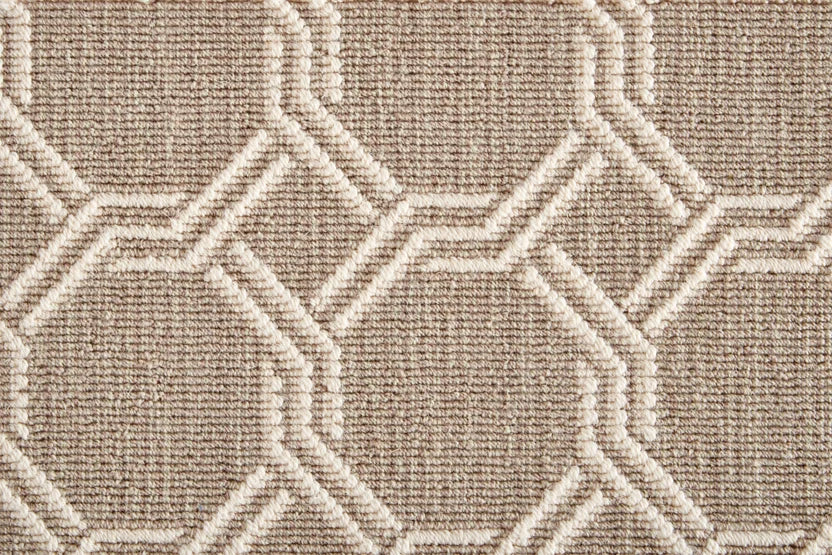 Broadloom carpet swatch in geometric pattern tan color