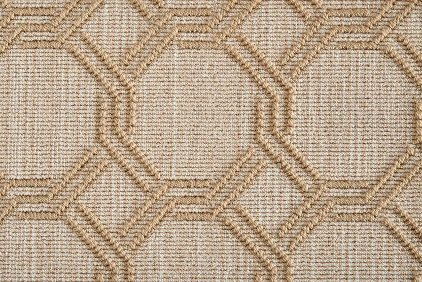 Broadloom carpet swatch in geometric pattern yellow tan color