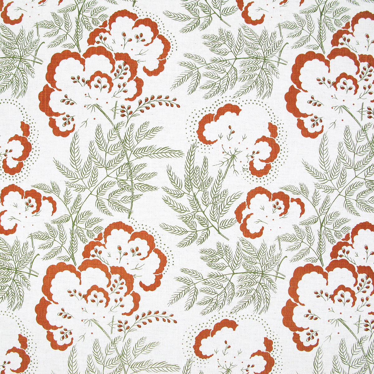 Detail of fabric in an intricate floral print in rust and green on a white field.
