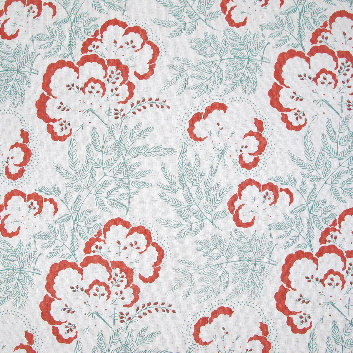 Detail of fabric in an intricate floral print in red and turquoise on a white field.