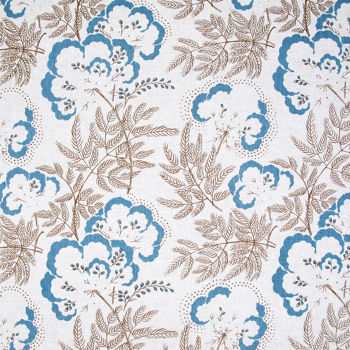 Detail of fabric in an intricate floral print in blue and brown on a white field.
