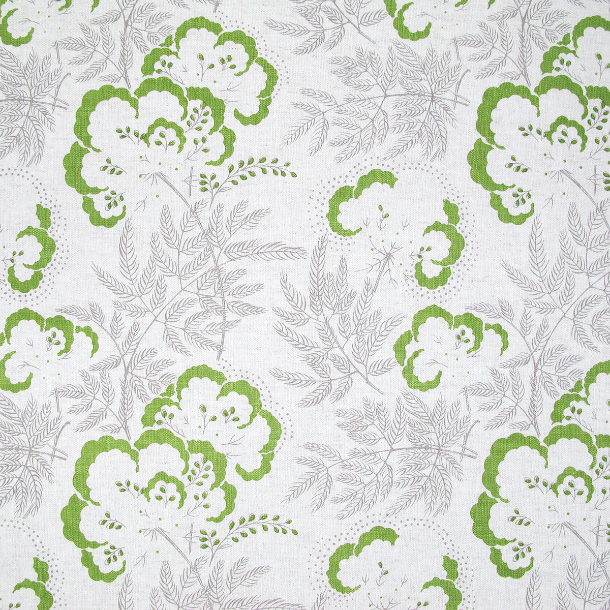 Detail of fabric in an intricate floral print in green and gray on a white field.