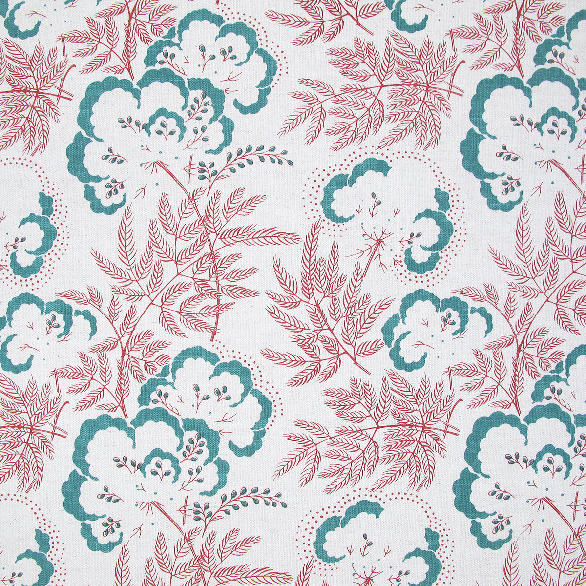 Detail of fabric in an intricate floral print in turquoise and pink on a white field.