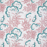 Detail of fabric in an intricate floral print in turquoise and pink on a white field.