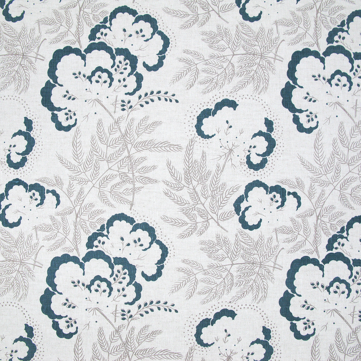 Detail of fabric in an intricate floral print in navy and gray on a white field.