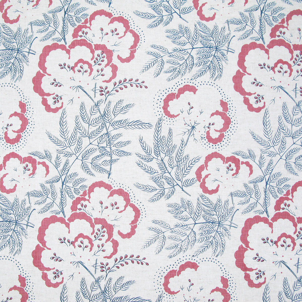 Detail of fabric in an intricate floral print in pink and navy on a white field.