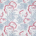 Detail of fabric in an intricate floral print in pink and navy on a white field.