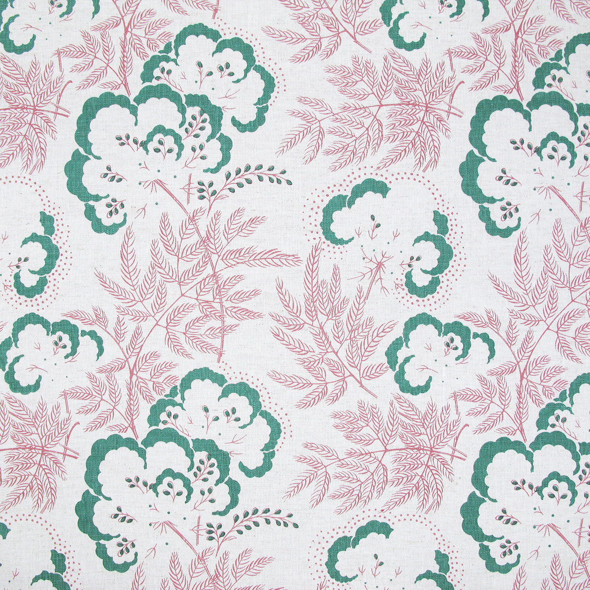 Detail of fabric in an intricate floral print in green and pink on a white field.