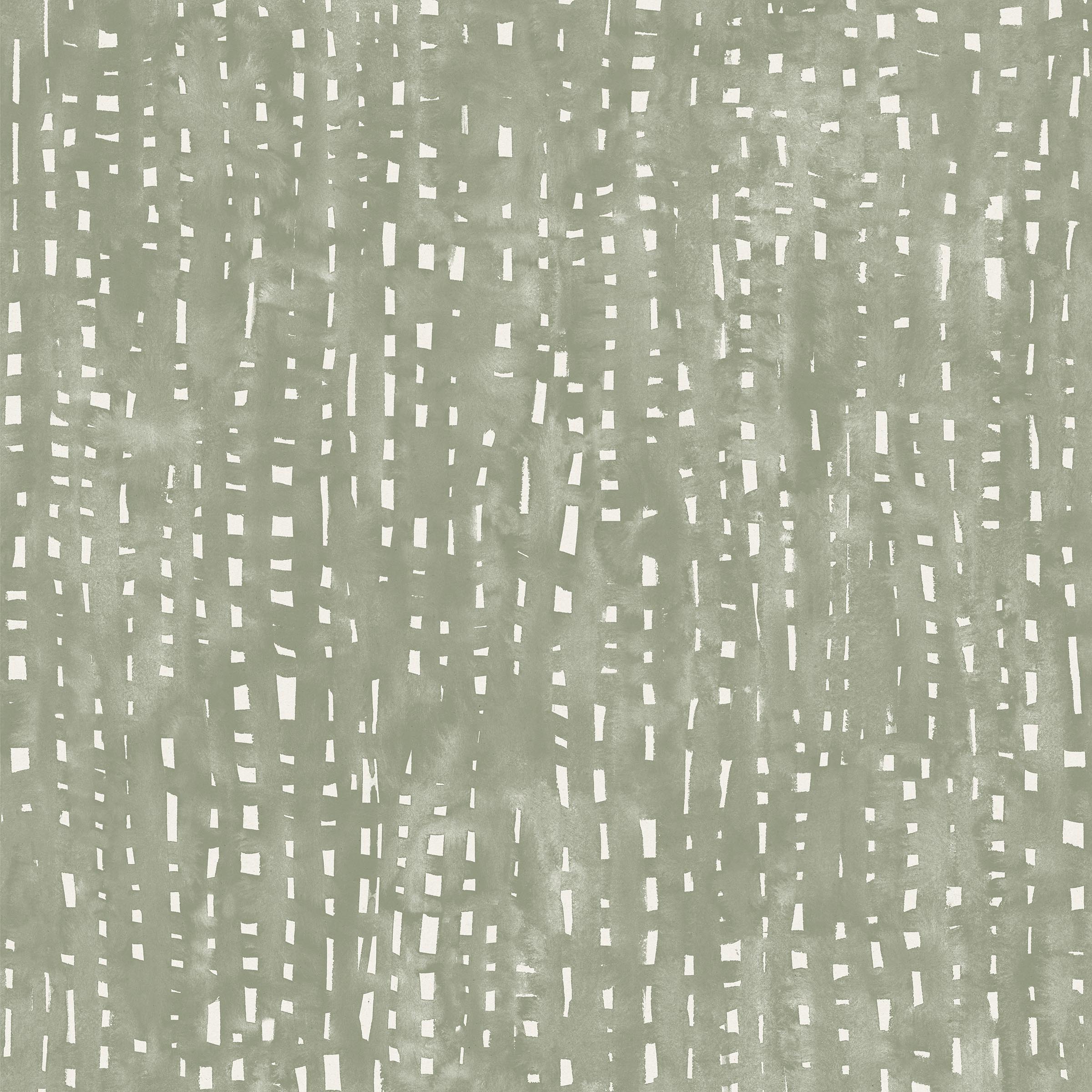 Detail of fabric in a painterly small-scale grid print in sage on a white field.