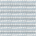 Detail of fabric in a dense curvilinear stripe print in cream, blue and gray.