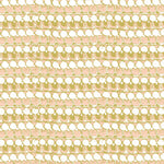 Detail of fabric in a dense curvilinear stripe print in white, yellow and pink.