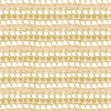 Detail of fabric in a dense curvilinear stripe print in white, yellow and pink.