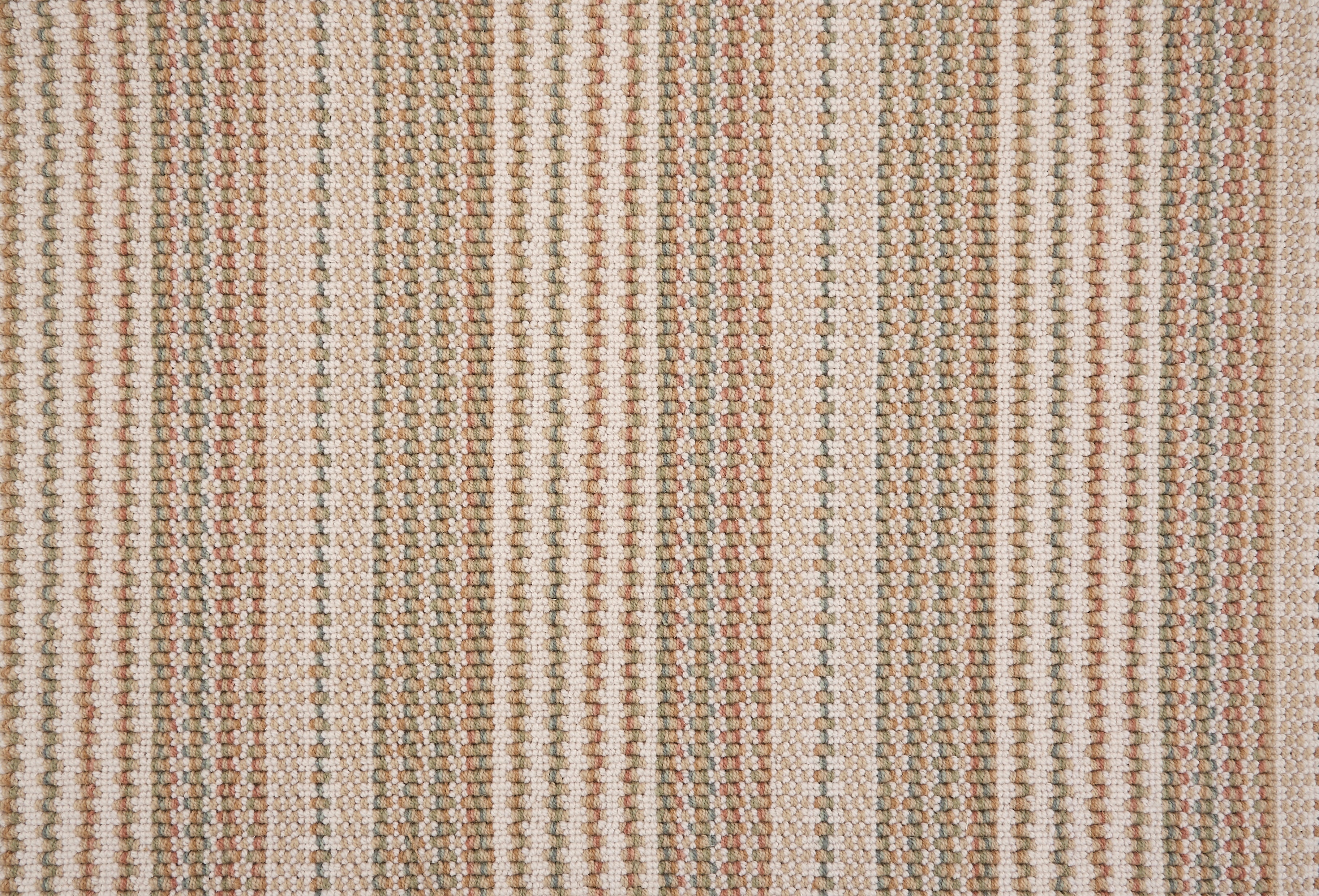 Broadloom carpet with rust, green and beige stripes