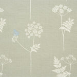 Detail of fabric in a playful flower and butterfly print in cream and blue on a greige field.