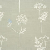 Detail of fabric in a playful flower and butterfly print in cream and blue on a greige field.