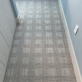 Patterned check blue carpet in a hallway with light blue walls.