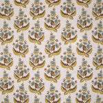 Patterned fabric with floral design in brown, turquoise and yellow on a beige background