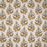 Patterned fabric with floral design in brown, turquoise and yellow on a beige background