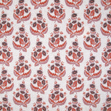 Patterned fabric with purple and red floral design on a white background