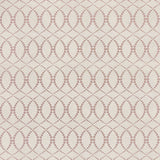 Detail of fabric in a playful floral lattice print in orange and maroon on a tan field.
