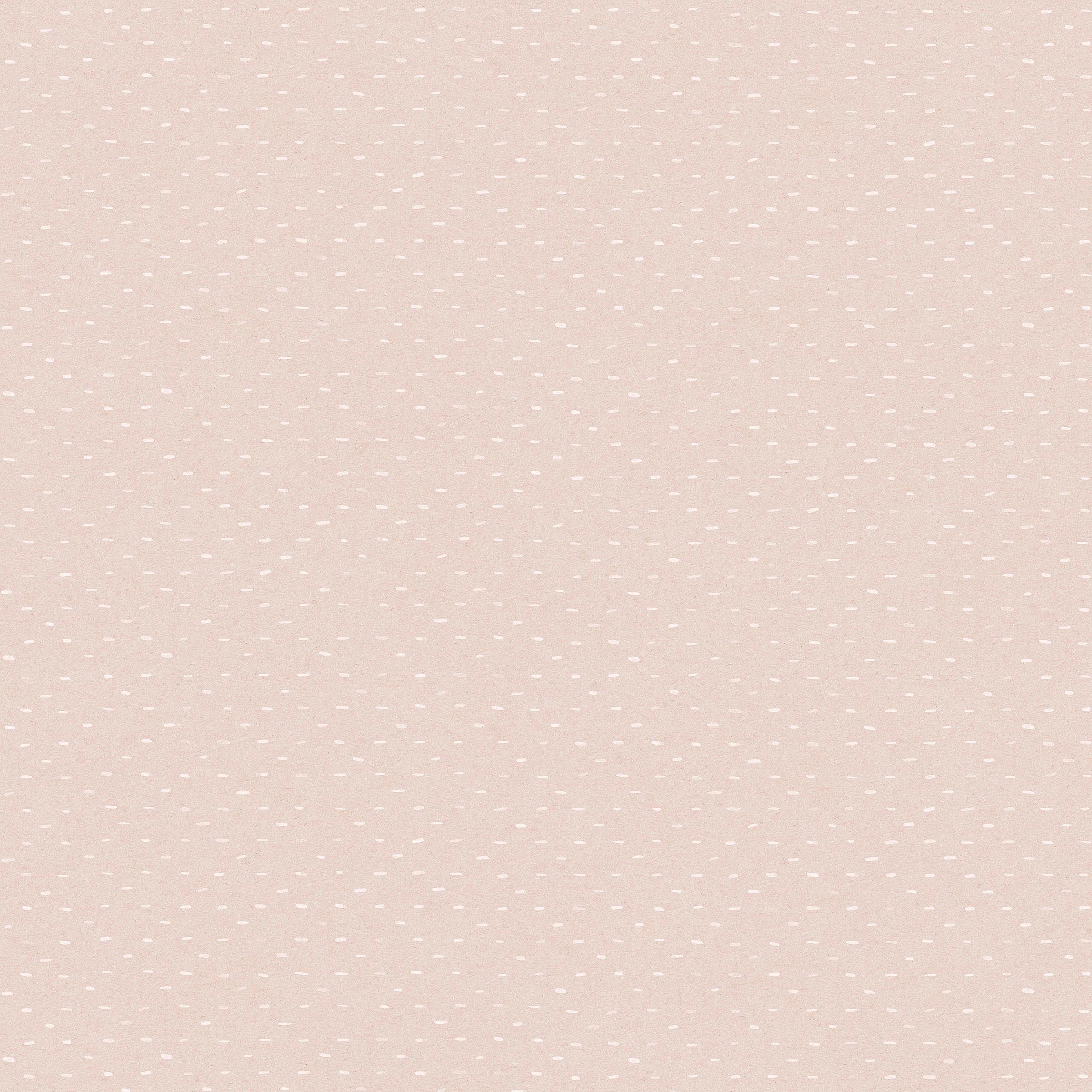 Detail of wallpaper in a dotted diamond grid in white on a light pink field.