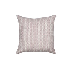 Square throw pillow with a repeating screen-printed leaf pattern in lilac on a cream field.