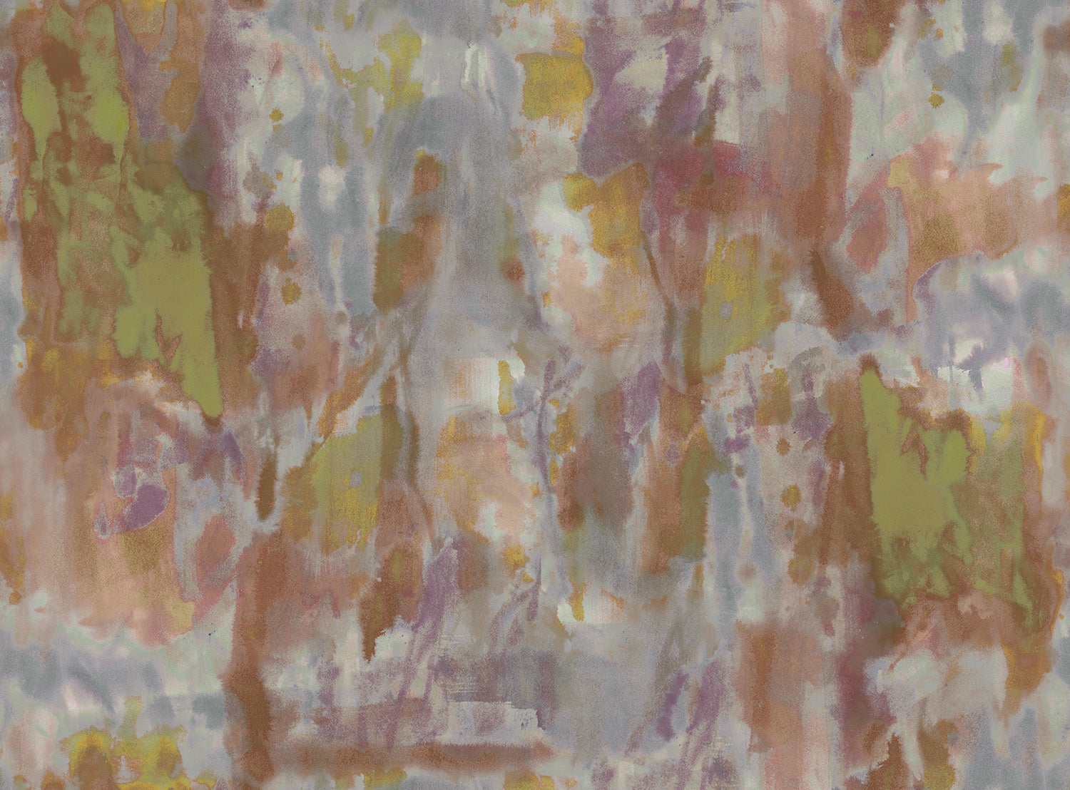 Detail of fabric in an abstract paint splotch print in shades of pink, olive, purple, navy and cream.