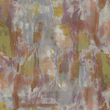 Detail of fabric in an abstract paint splotch print in shades of pink, olive, purple, navy and cream.