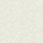 Detail of fabric in a painterly grid pattern in light green on a white field.