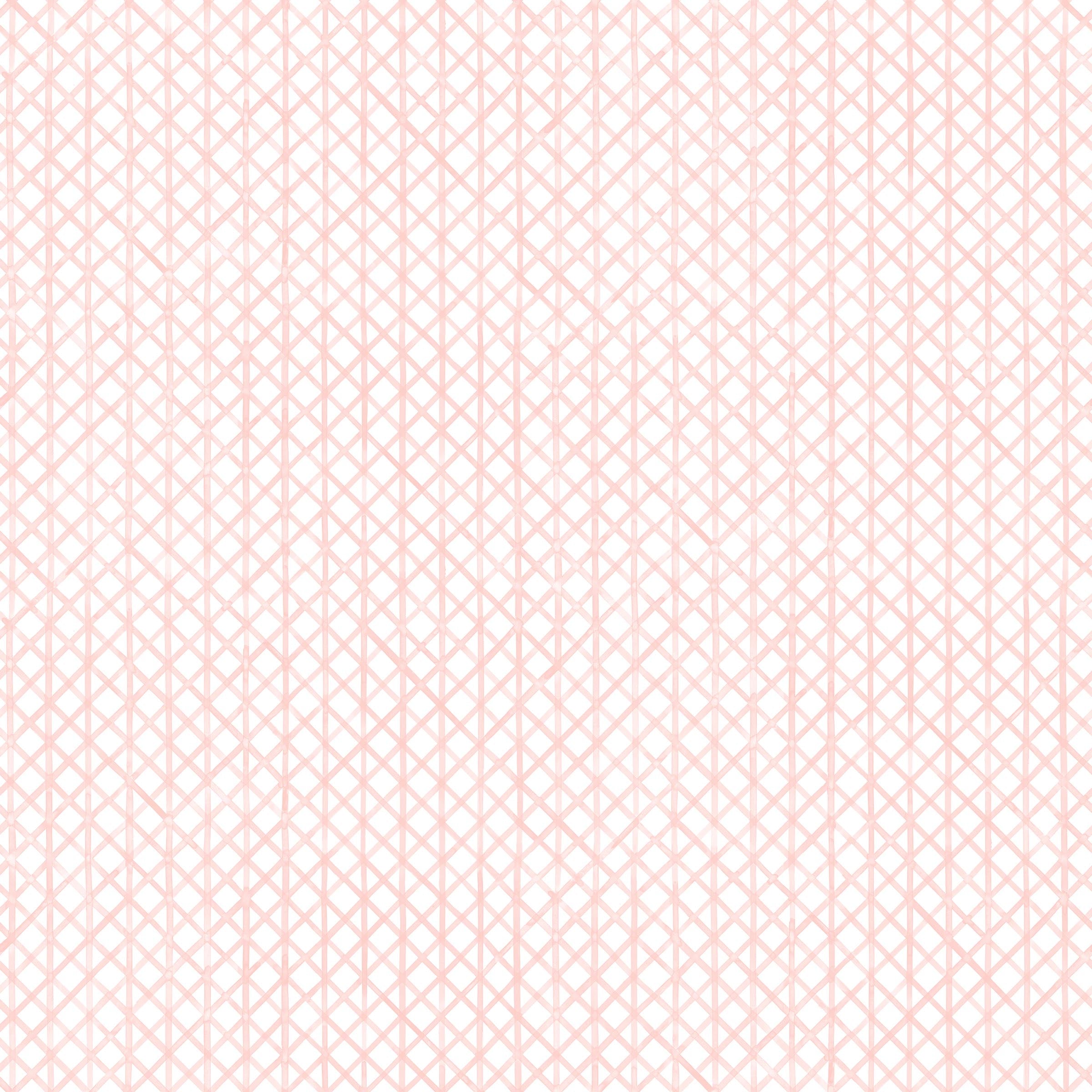 Detail of fabric in an intricate striped grid pattern in light pink on a white field.