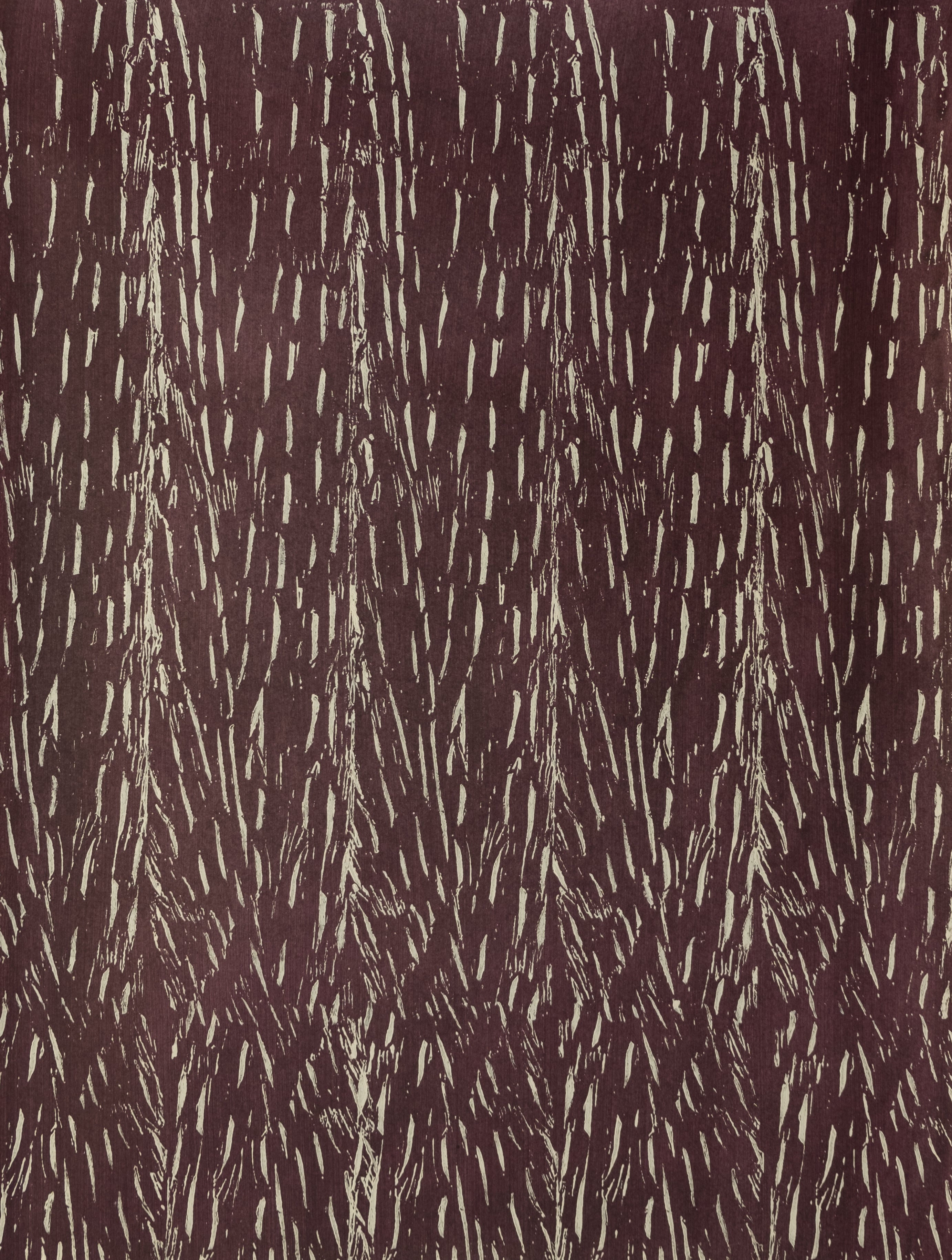 Detail of wallpaper in an abstract textural print in brown on a tan field.