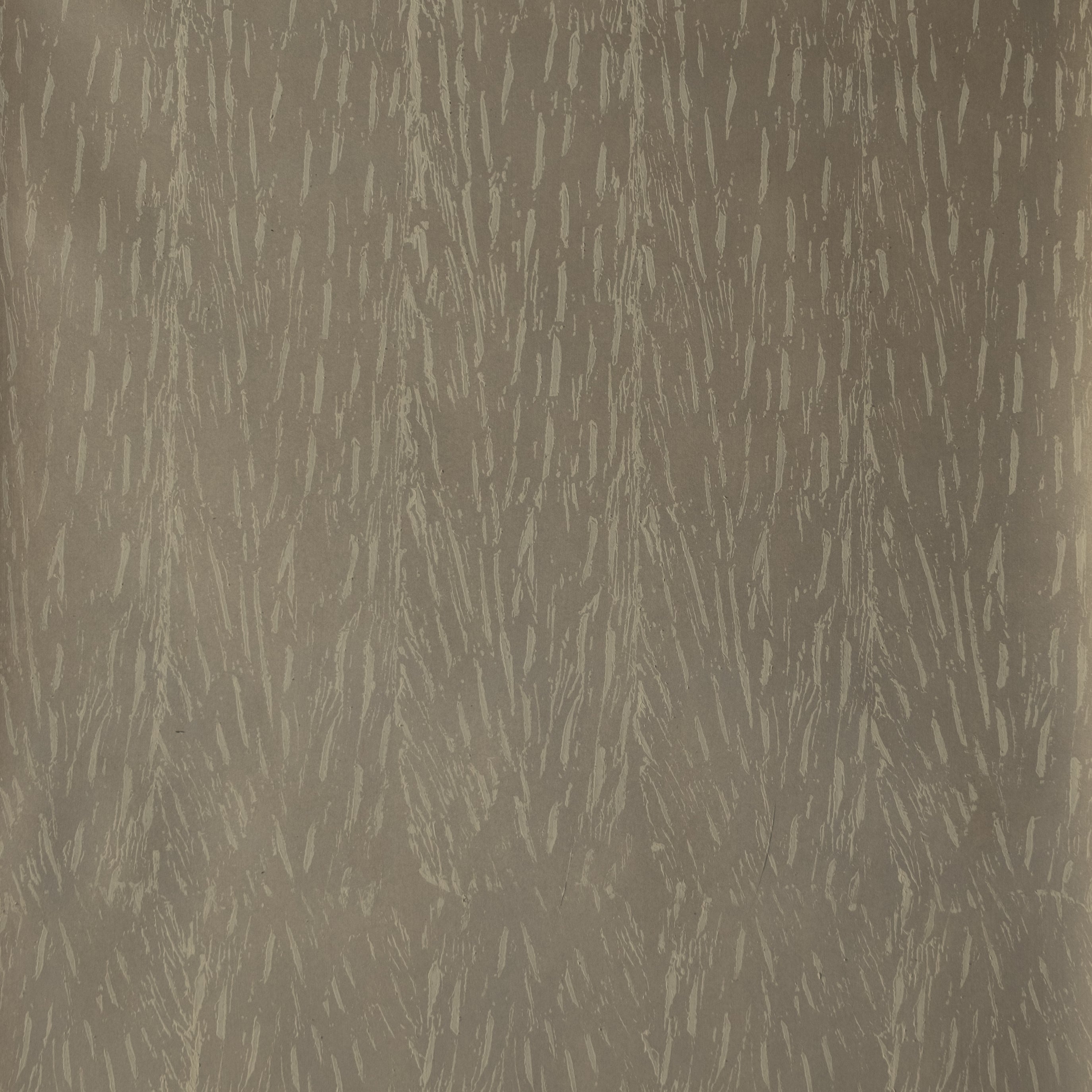 Detail of wallpaper in an abstract textural print in gray on a tan field.