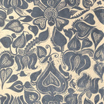 Detail of wallpaper in a repeating floral print in navy on a cream field.