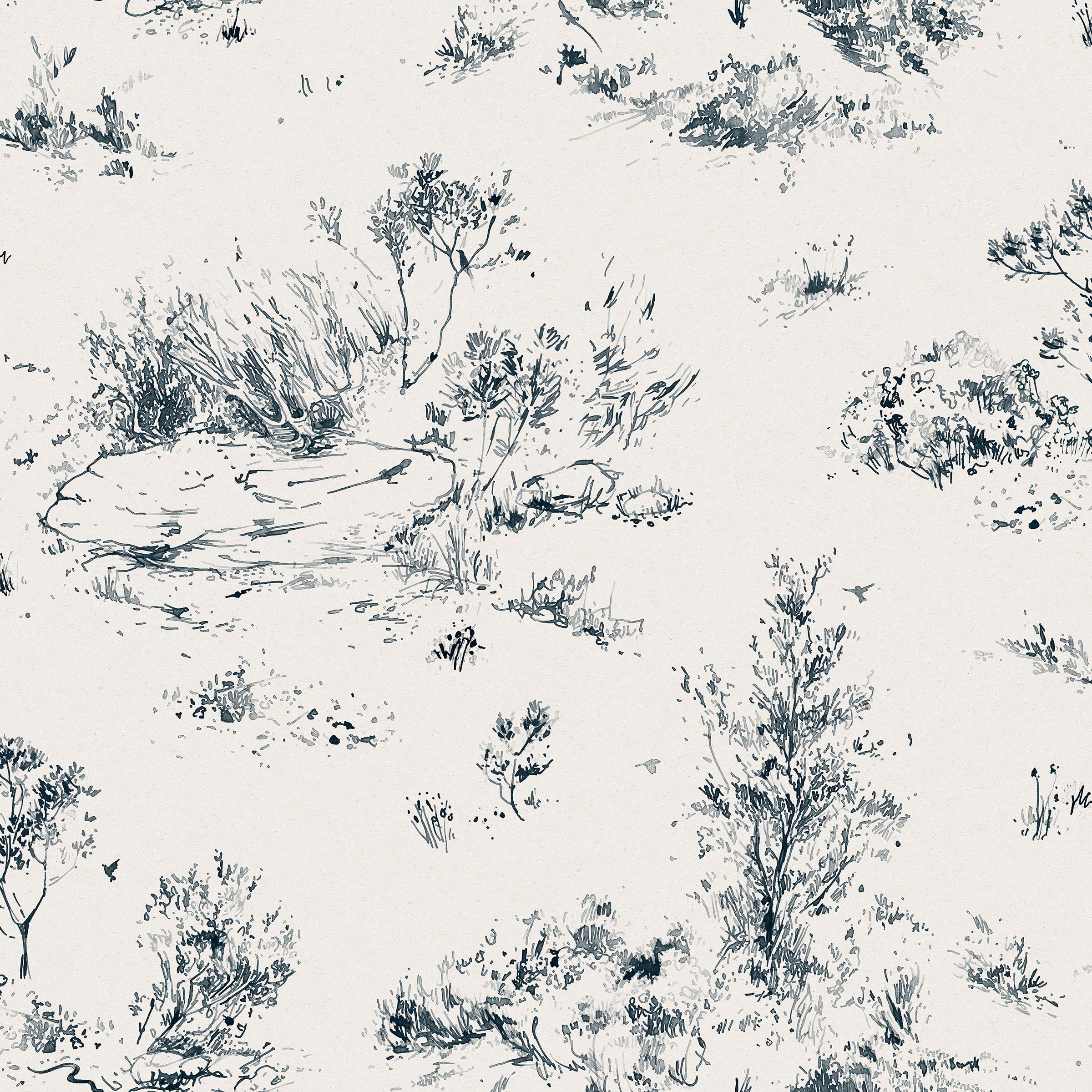 Detail of fabric in a painterly shrub and tree print in navy on a cream field.