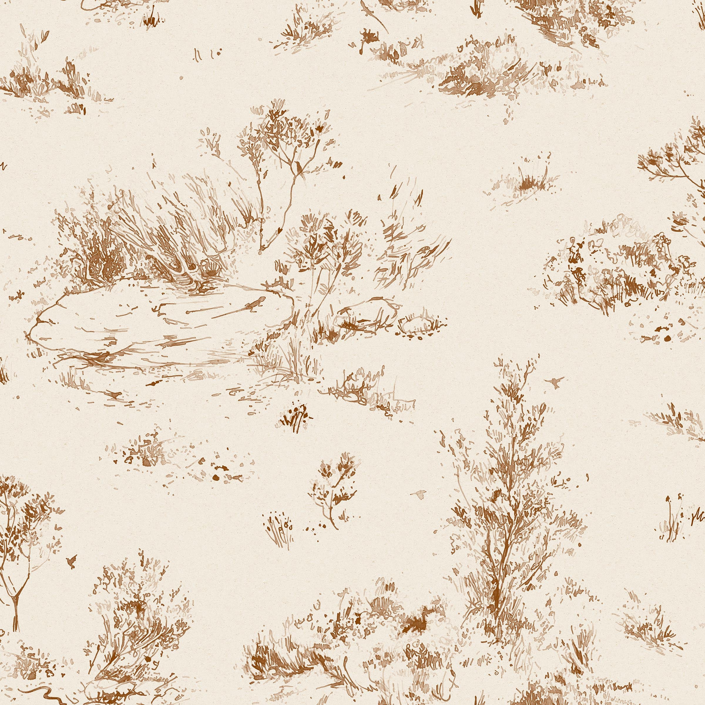 Detail of fabric in a painterly shrub and tree print in bronze on a cream field.
