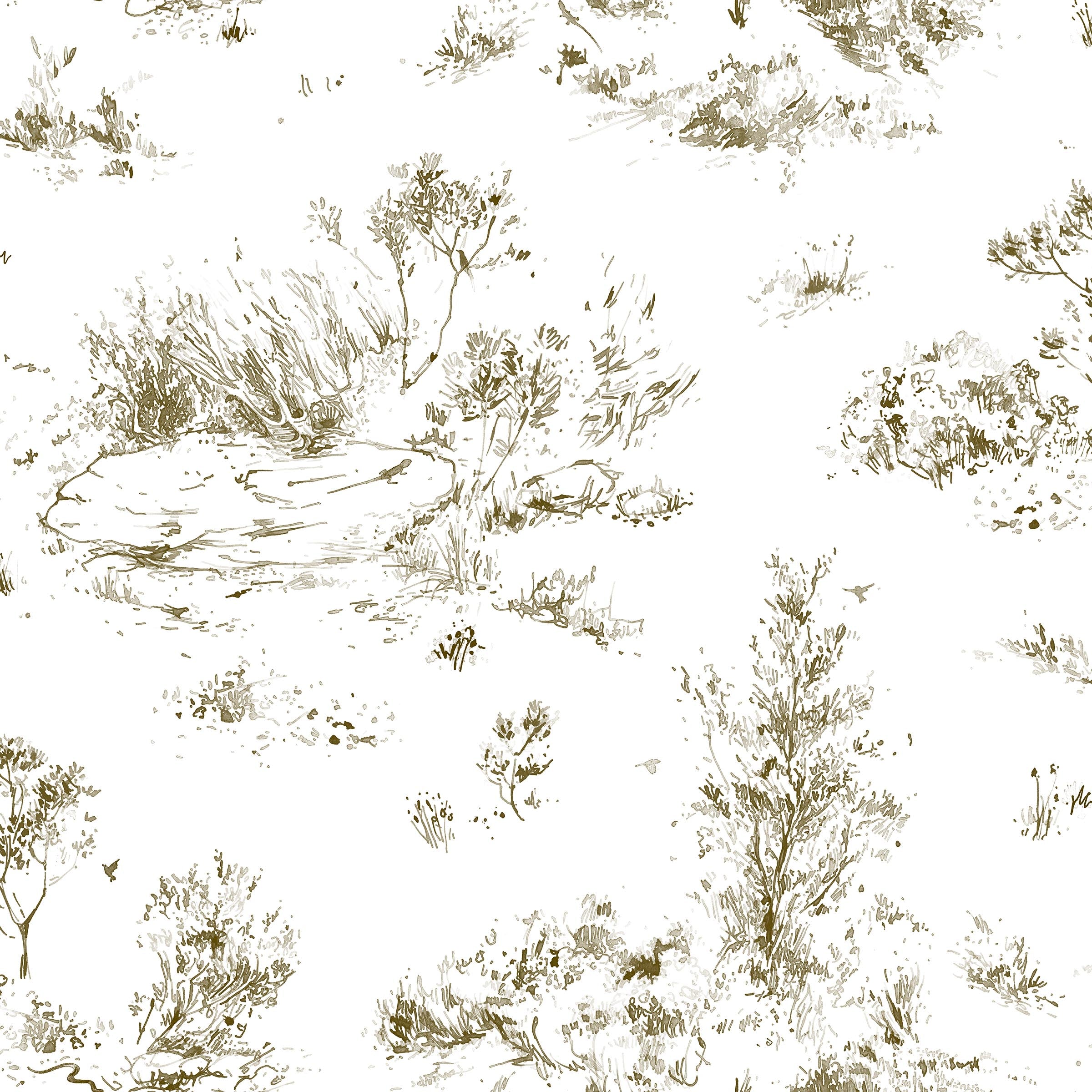 Detail of fabric in a painterly shrub and tree print in olive on a cream field.