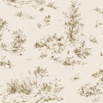 Detail of wallpaper in a painterly shrub and tree print in bronze on a cream field.