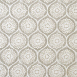 Detail of fabric in a floral lattice print in white and cream on a tan field.